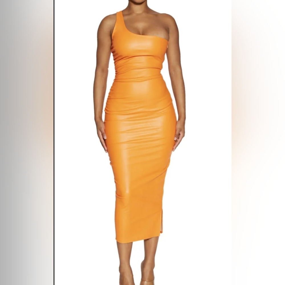 Naked Wardrobe one shoulder faux leather midi dress